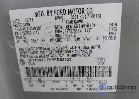 2011 Ford F-150 Lariat из США, поврежденный, VIN 1FTFW1CF9BFB55533